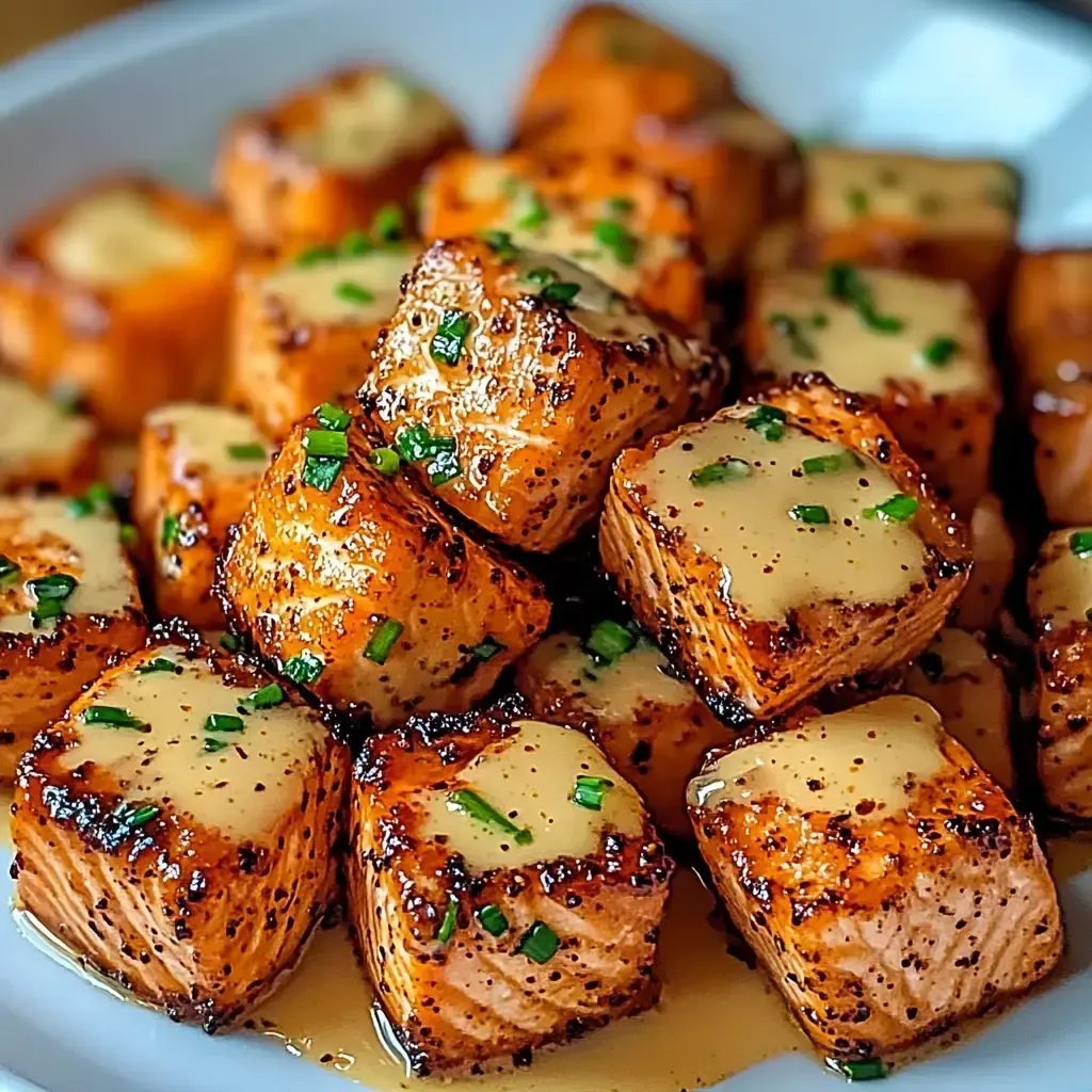 Ein weißer Teller mit gerösteten Fischstücken, die mit Sauce garniert sind.