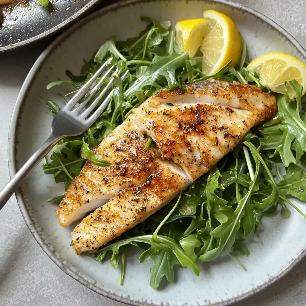 Ein Plate mit Salat und gegrilltem Fisch.