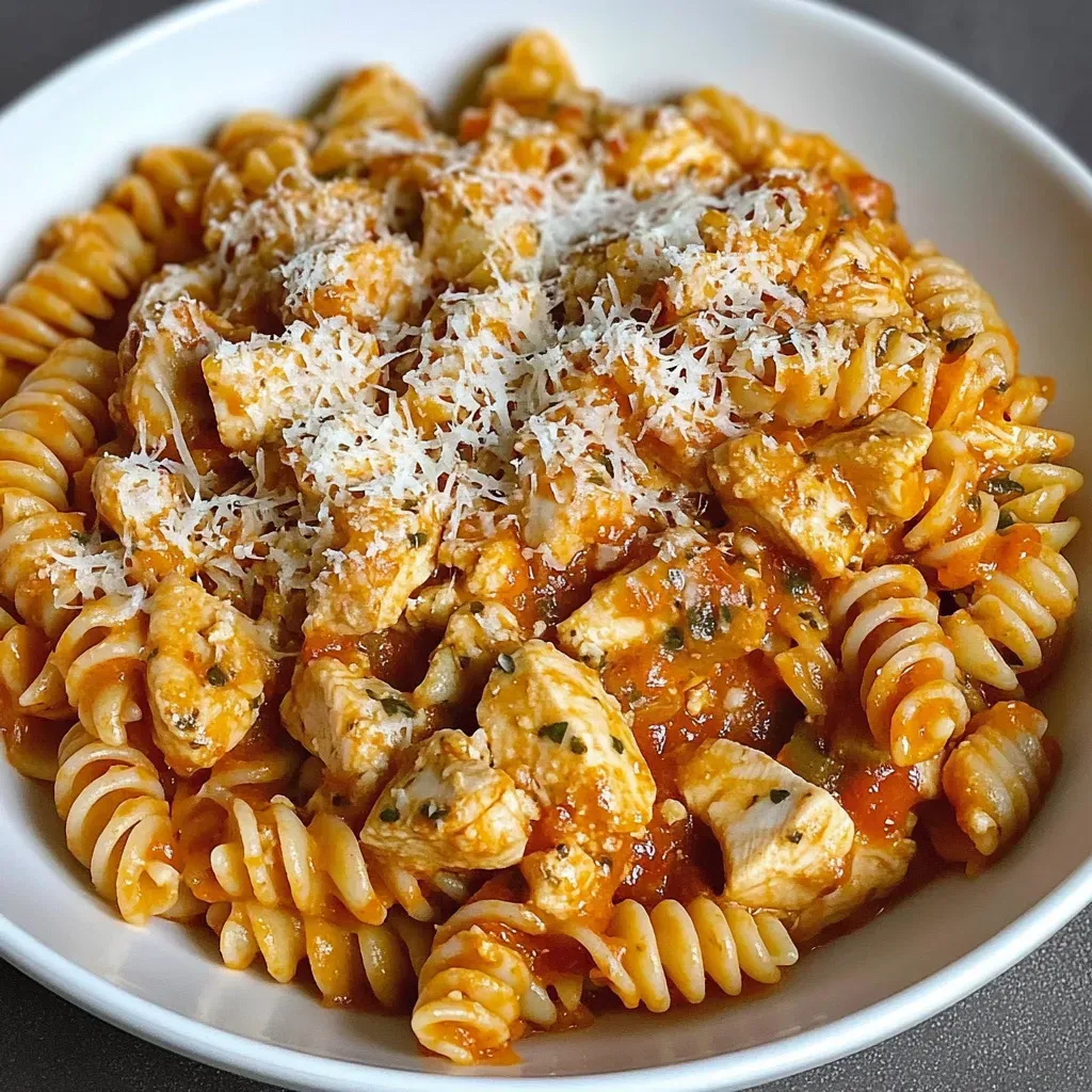 Ein weißer Teller mit Penne-Nudeln und Zwiebeln.