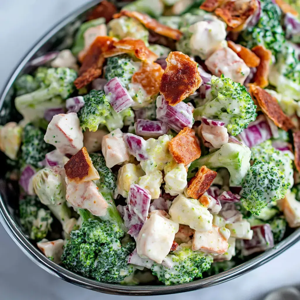 Ein Schälchen mit frischem Brokkoli, das in einer Schüssel mit anderen Zutaten wie Käse, Mayonnaise und Salat gegeben wird.