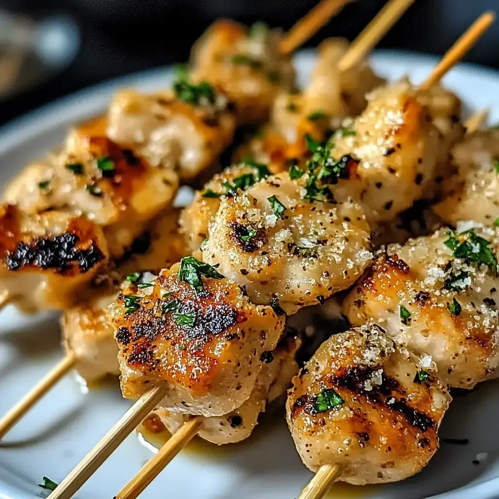 Eine Platte mit gegrillten Würstchen auf Stäbchen.