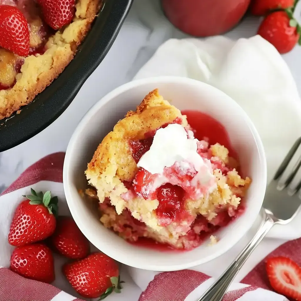 Ein Glas mit einer Tasse von Cake und Strawberries.