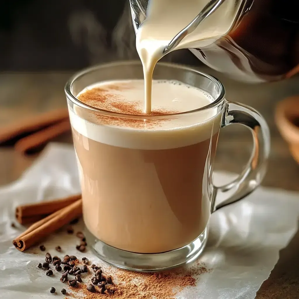 Ein Glas mit einer Cappuccino-Mischung, die mit Zucker und Zimt geschmolzen wird.