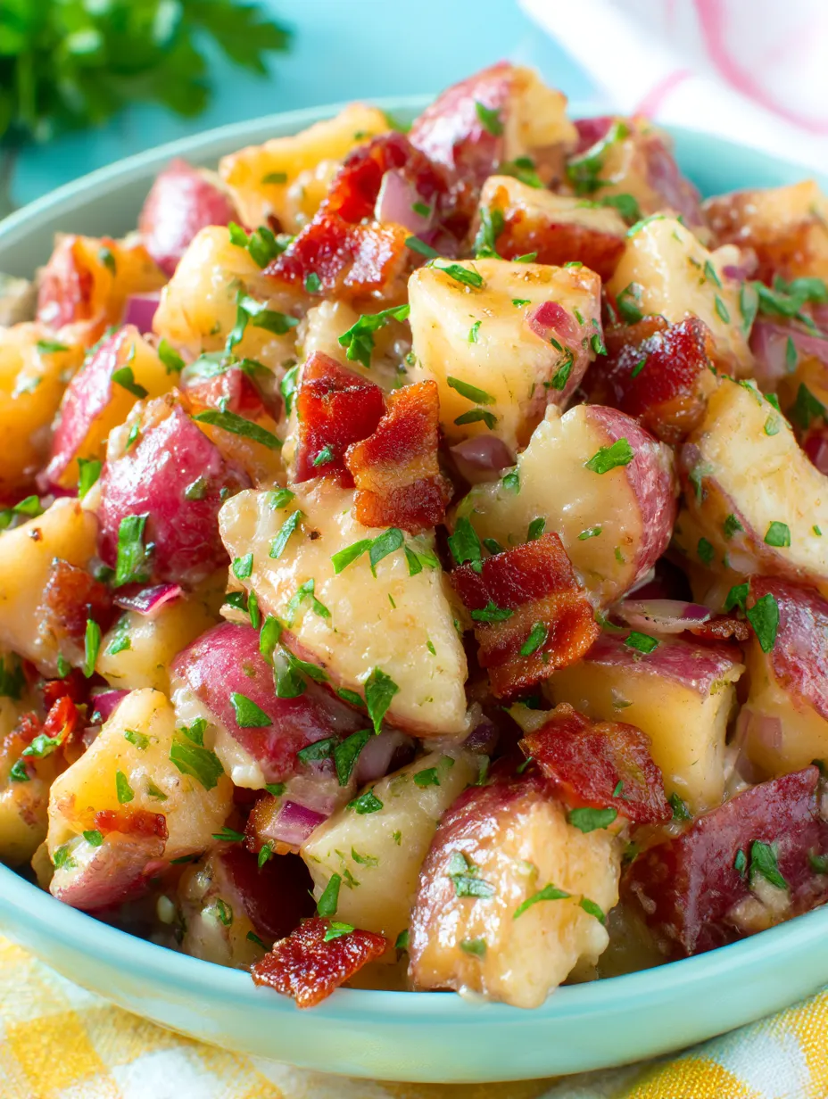 Ein Bild von einer Salatplatte mit Bacon, Kartoffeln und Zwiebeln.
