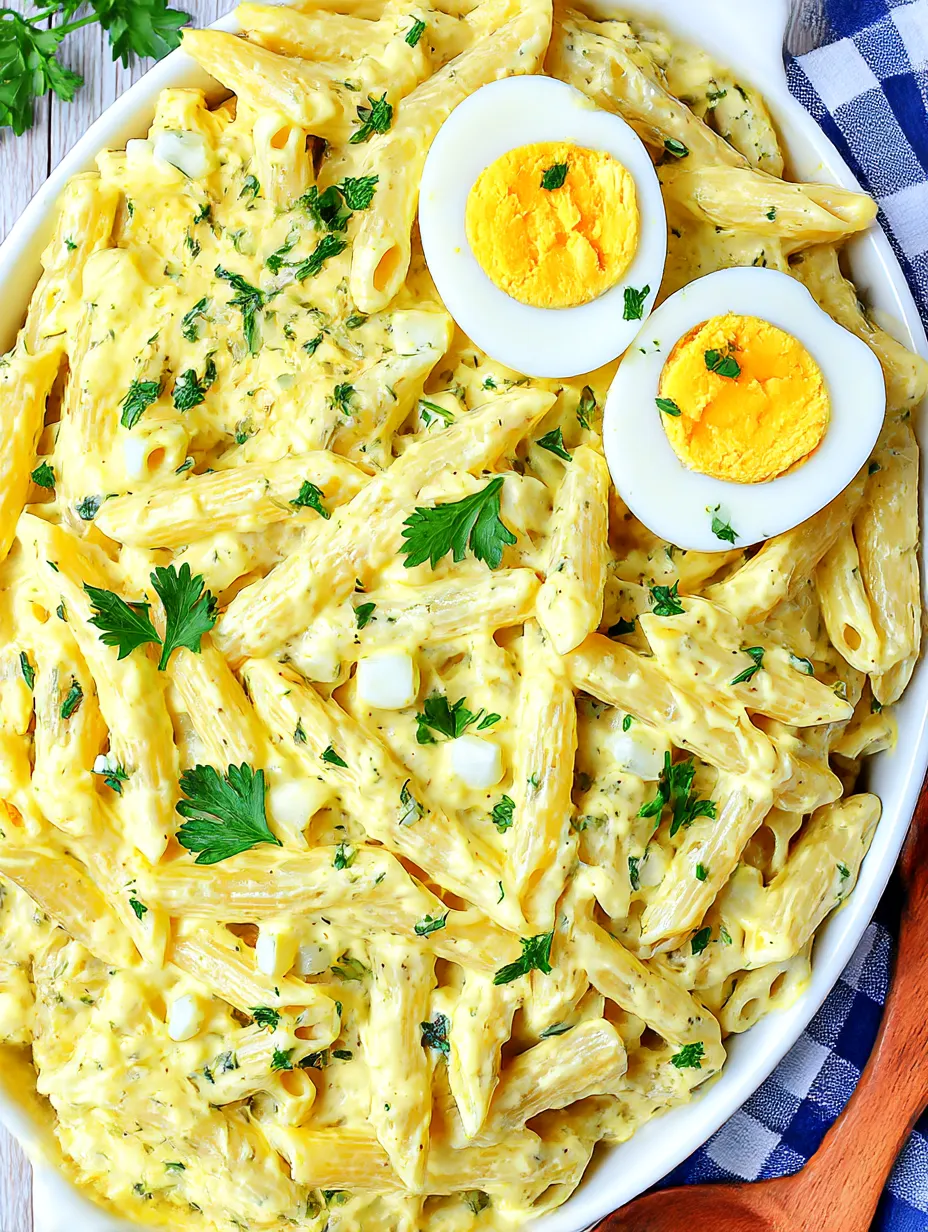 Eine Schüssel mit Pasta und Eiern.