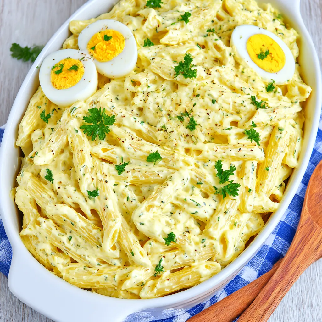 Ein weißer Teller mit Pasta Salat, der mit Eiern und Zwiebeln garniert ist.