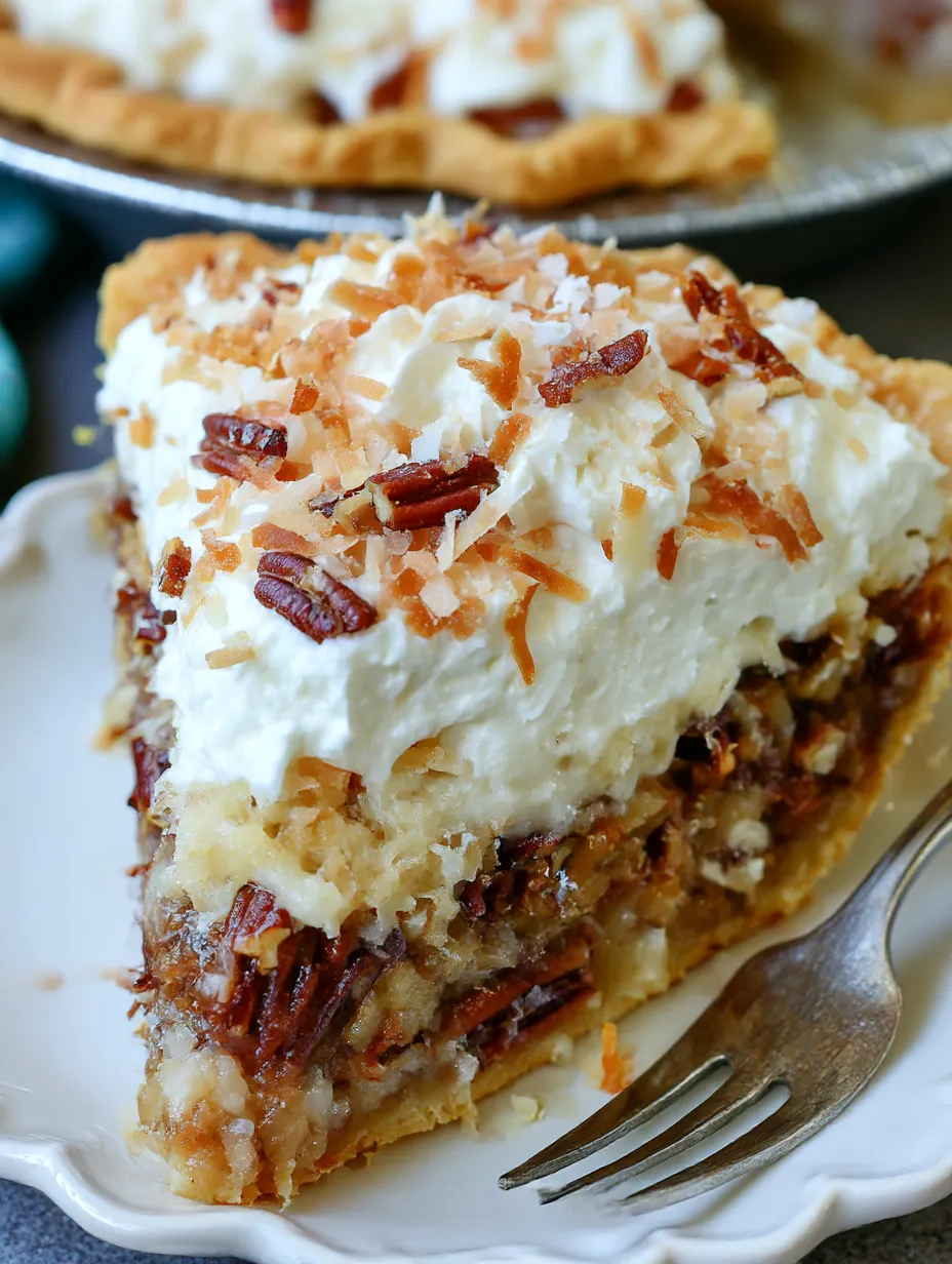 Ein Stück Cream of Coconut Pecan Pie auf einem Teller.