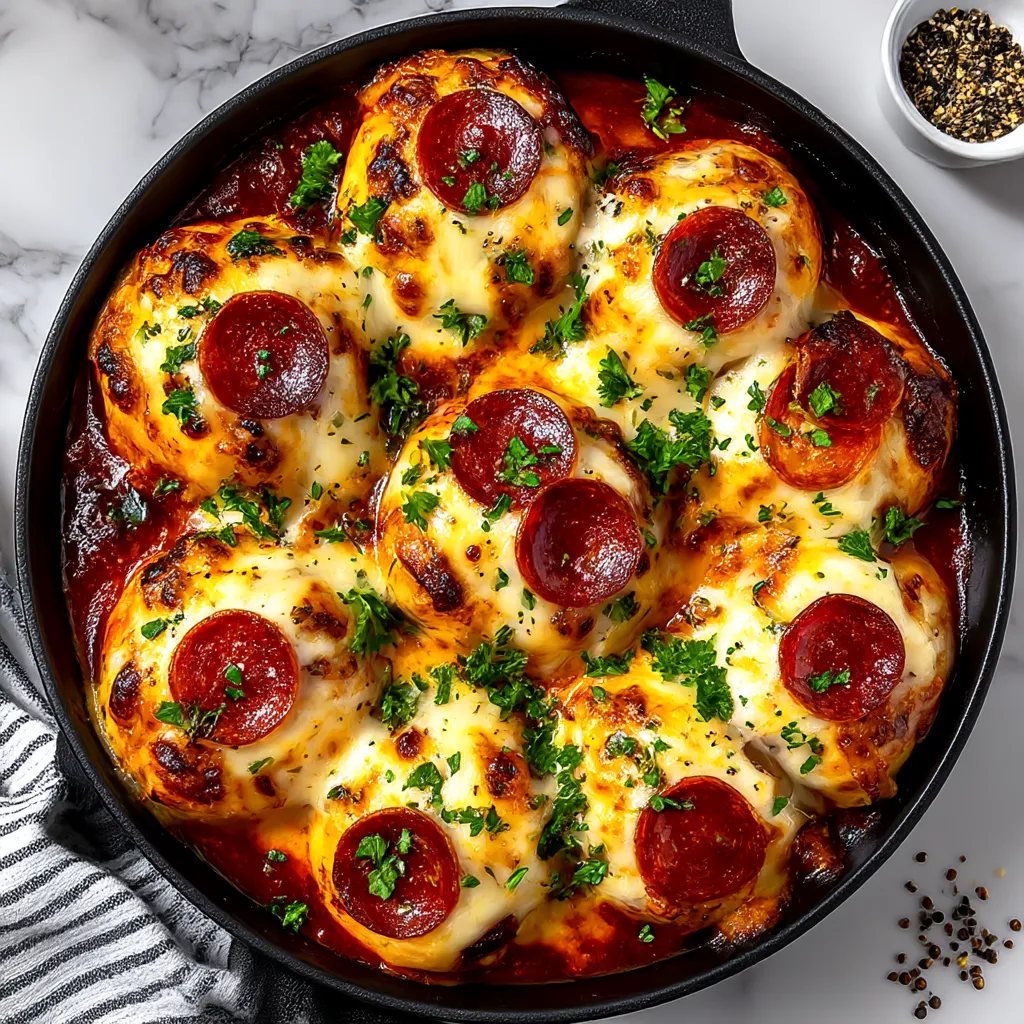 Ein Topf mit Cheesy Pepperoni Pizza Bombs, die in einer Tomatensoße serviert werden.