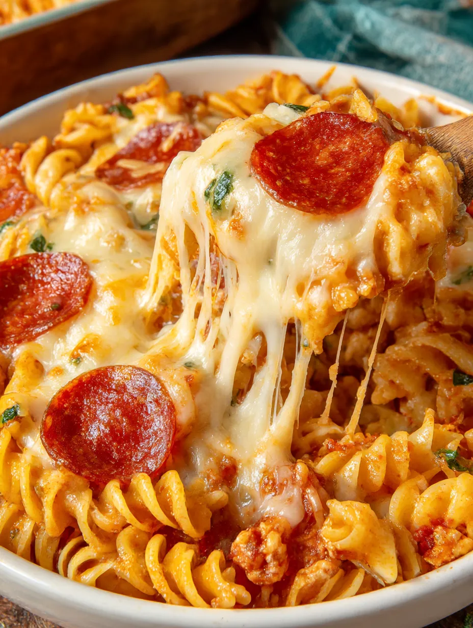 Eine Pasta-Casserole mit Pizza-Toppings wie Tomaten, Basilikum und Pepperoni.