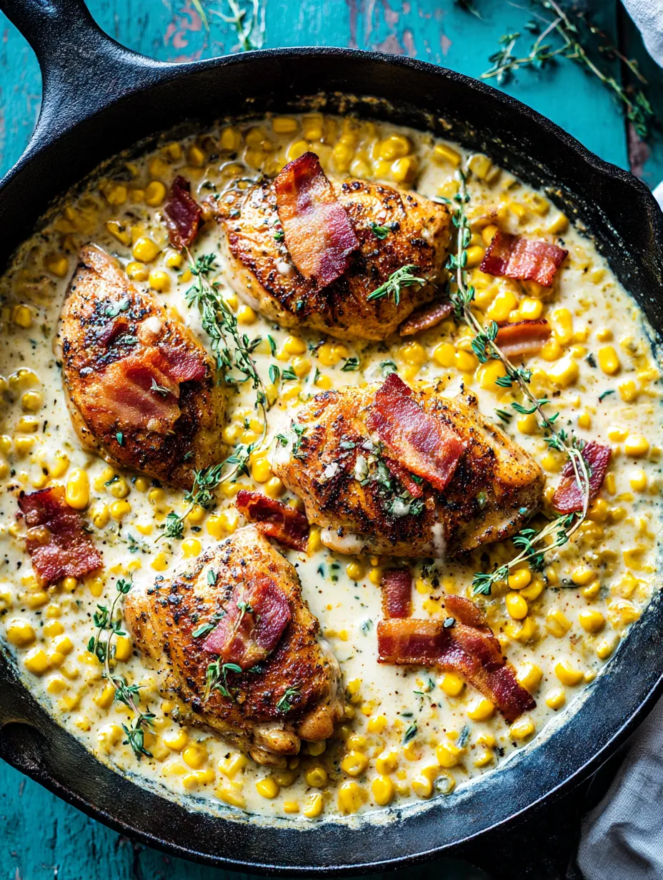 Ein Schalen mit Chicken, die mit Bacon und Kartoffeln garniert sind.
