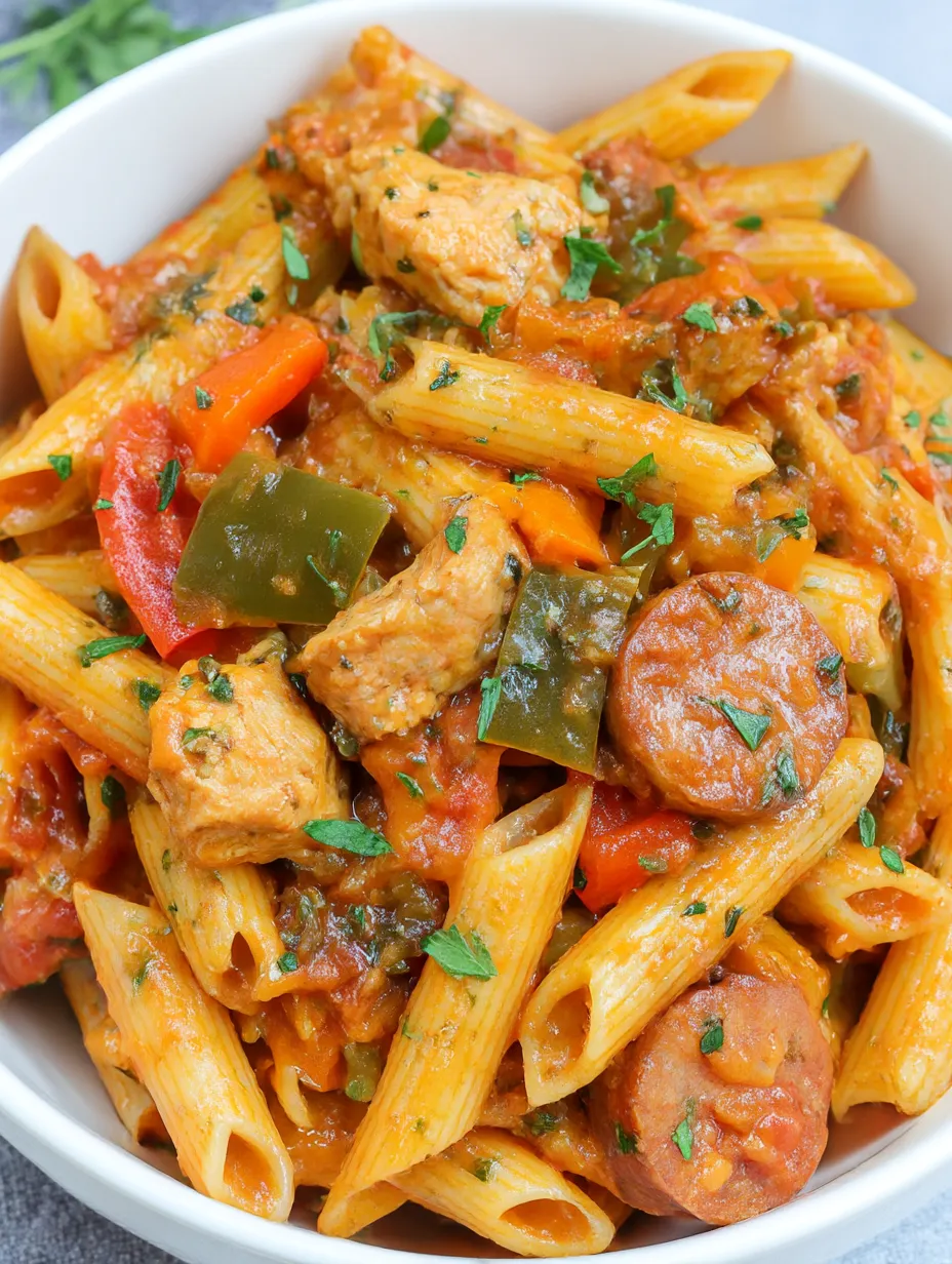 Eine Schüssel mit Pasta, Chicken, Tomaten, Paprika und Zwiebeln.