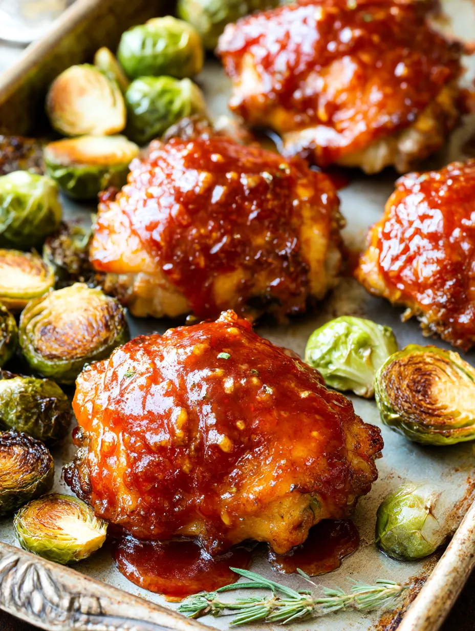Ein Schüssel mit Chicken und Brussels Sprouts, die auf einem Blech oder einer Platte serviert werden.