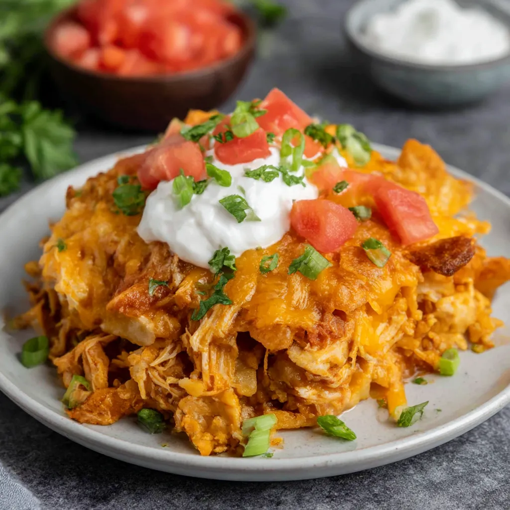 Ein Plate mit einer Crock Pot Chicken Enchilada Casserole, die mit Tomaten, Käse, Tomaten und Tomaten garniert ist.