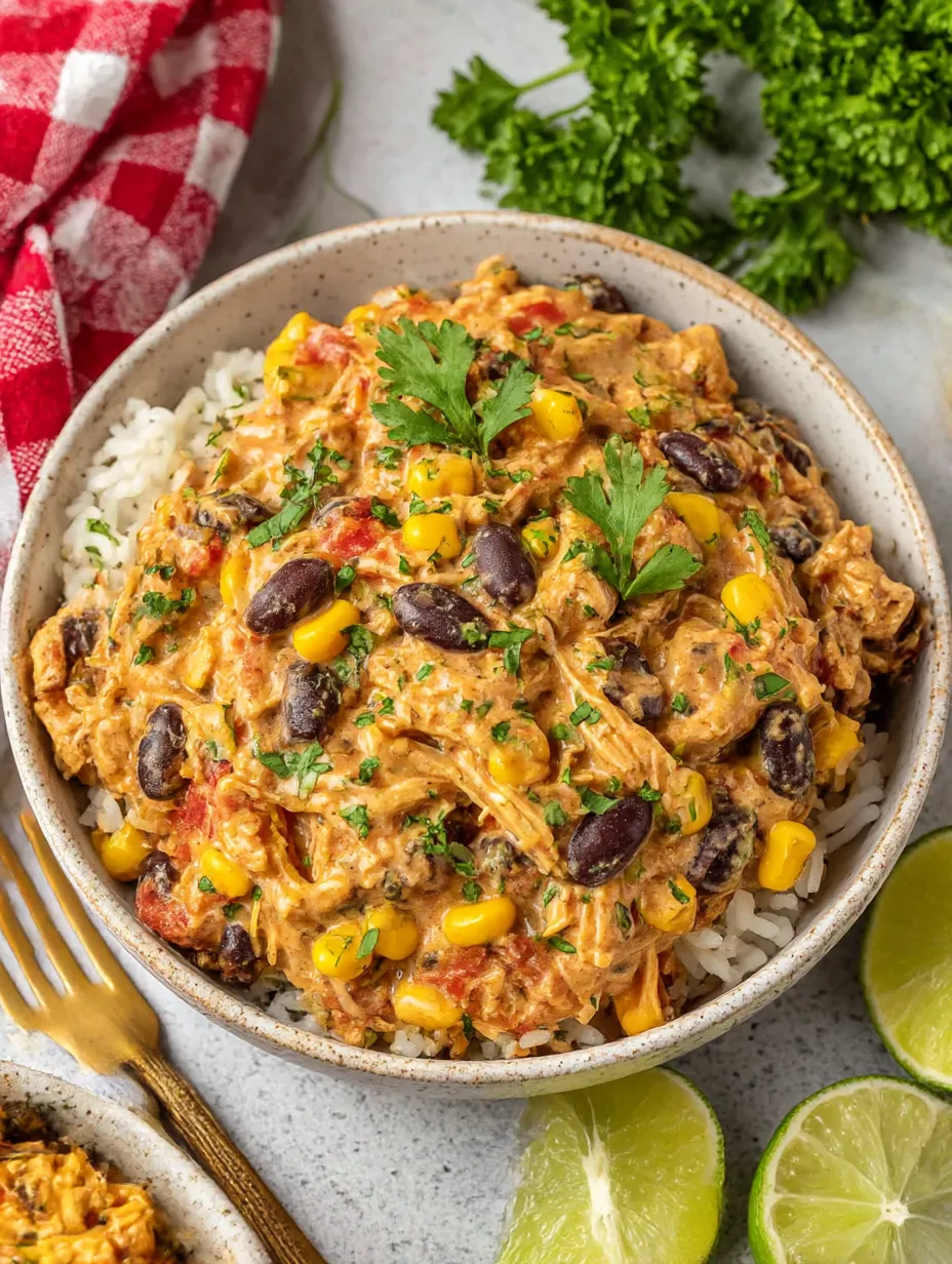 Ein Crock Pot Fiesta Chicken mit Rice und Beans.