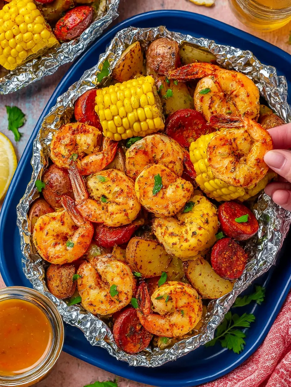 Ein Bild von einer Schüssel mit Zwiebeln, Kartoffeln, Paprika, Tomaten, Shrimp und Korn.