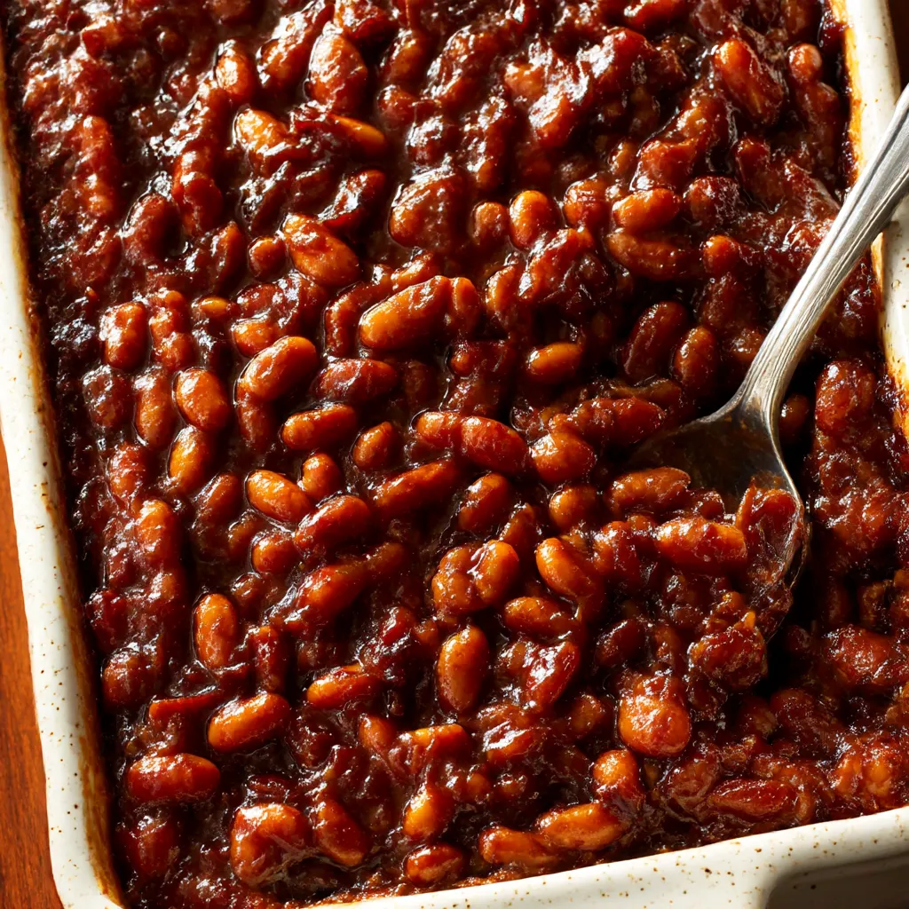 Eine Schüssel mit Beans, die in einem Bake-off-Rezept zubereitet wurden.