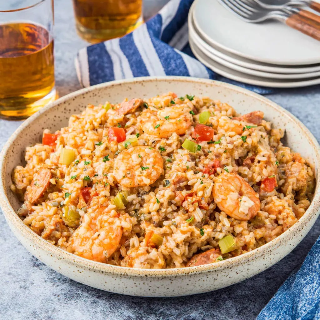 Ein Schälchen mit Jambalaya in einem Schälchen auf einem Tisch.