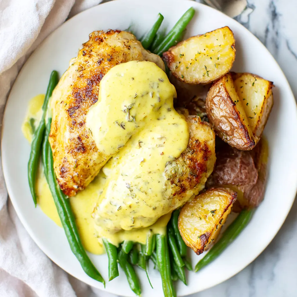 Ein Plate mit Honey Mustard Chicken und Gemüse.