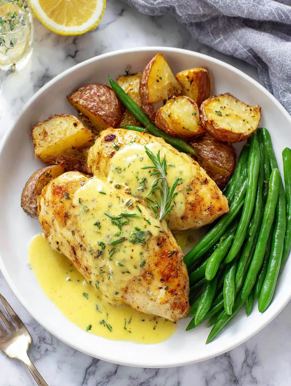 Ein weißer Teller mit Honey Mustard Chicken, gegrilltem Steak, Kartoffeln und Blattsalat.