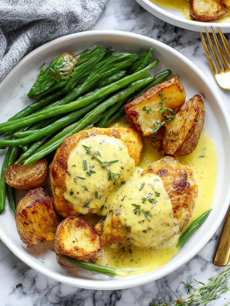 Ein weißer Teller mit Honey Mustard Chicken, gegrillten Zwiebeln, Kartoffeln und grünen Bohnen.