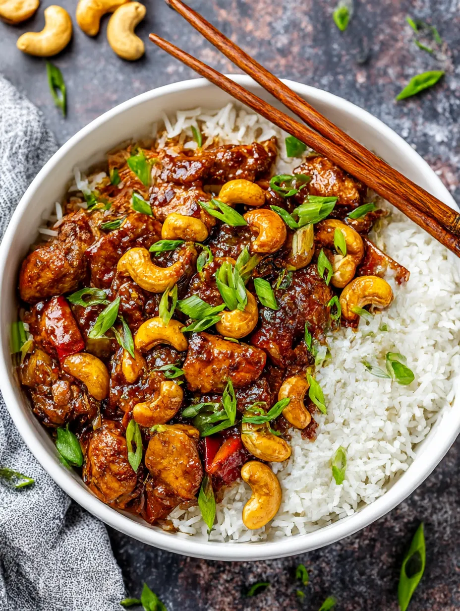 Ein weißer Becher mit Dragon Chicken, Reis und Chopsticks.