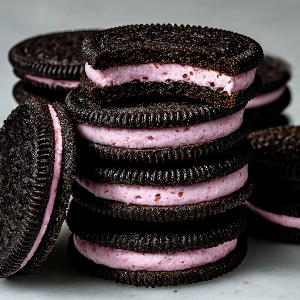Eine Schicht von Oreo-Macarons auf einem Tisch.