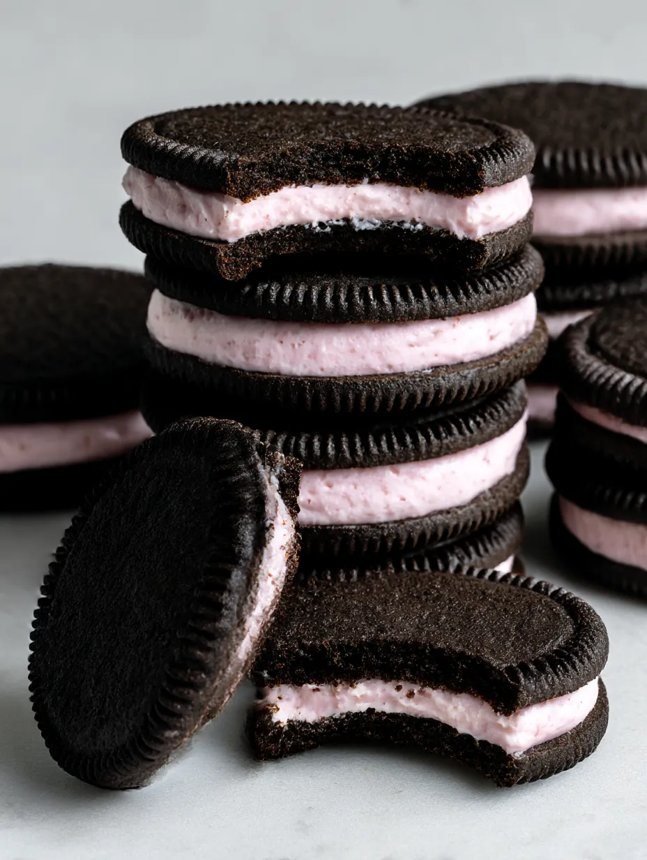 Eine Schicht von Oreo-Macarons, die in einer Schicht von Pink-Creme aufgeteilt sind.