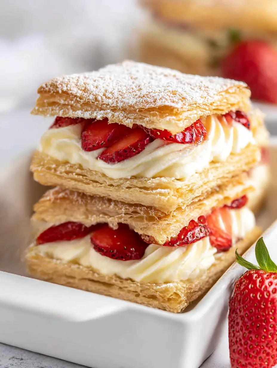 Ein Stück Easy Strawberry Napoleon auf einem Teller.