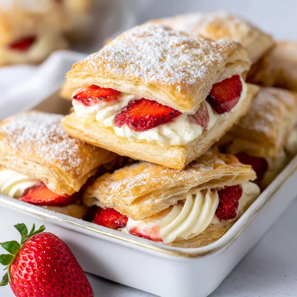 Ein Becher mit Strawberry Napoleon, die aus Strawberry-Jelly, Vanille-Creme und Keks bestehen.