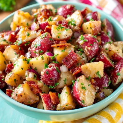 Ein Glas mit einer Mischung aus Kartoffeln, Zwiebeln, Bacon und anderen Zutaten, die als Hot German Potato Salad Recipe bezeichnet werden.