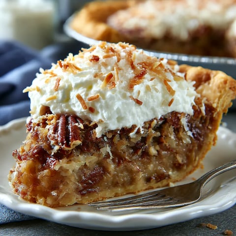 Ein Stück Cream of Coconut Pecan Pie auf einem weißen Plate.