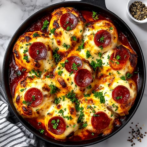 Ein Topf mit Cheesy Pepperoni Pizza Bombs, die in einer Tomatensoße serviert werden.