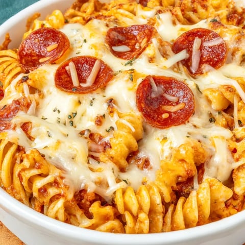 Ein weißer Teller mit Pasta, Pizza und Käse.