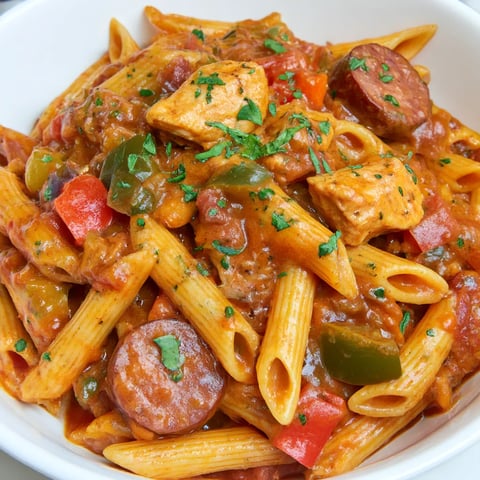 Ein weißer Teller mit einer Mischung aus Pasta, Kartoffeln, Zwiebeln und Tomaten.
